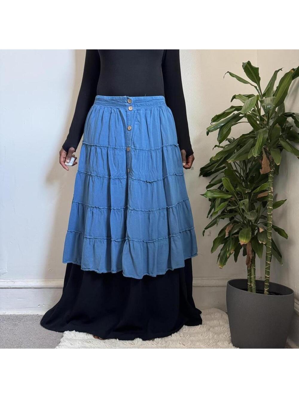Mlle Gabrielle Blue Tiered Wooden Button Down boho midi Skirt - XL